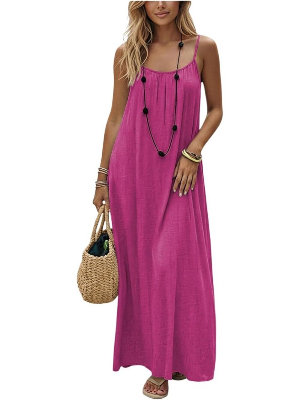 Women's Open Back Spaghetti Strap Beach Maxi Dress Hot Pink Flowy Sundress